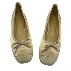C.Paravano Elena Cap-Toe Silk Ballet Flats Champagne Suede Square Toe Bow Shoe
